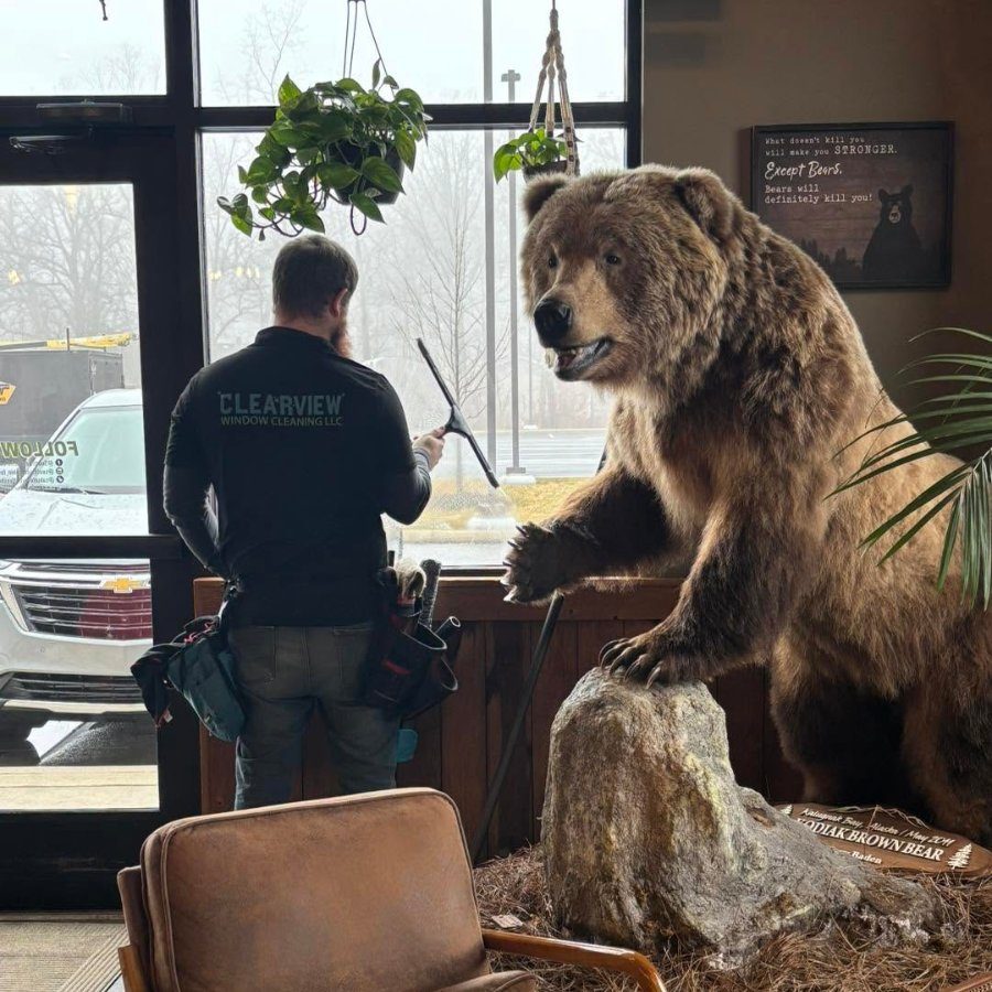 Crew member cleaning glass doors at a business